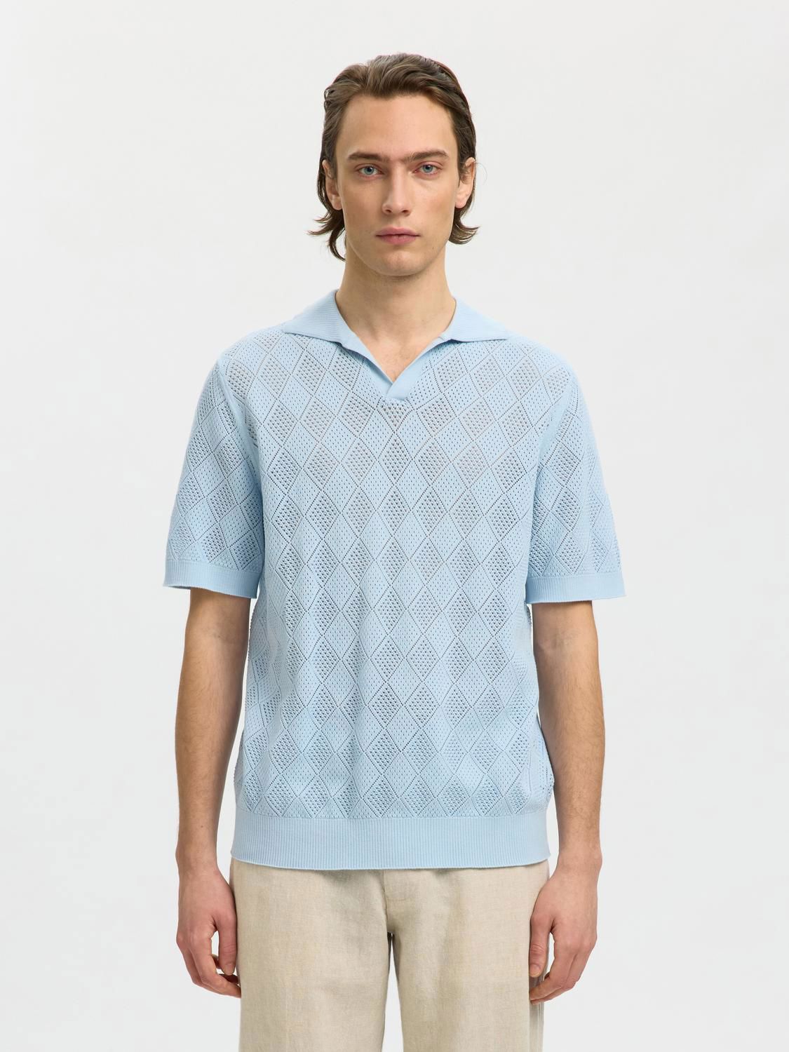 Slharco Ss Knit Structure Open Polo Cashmere Blue