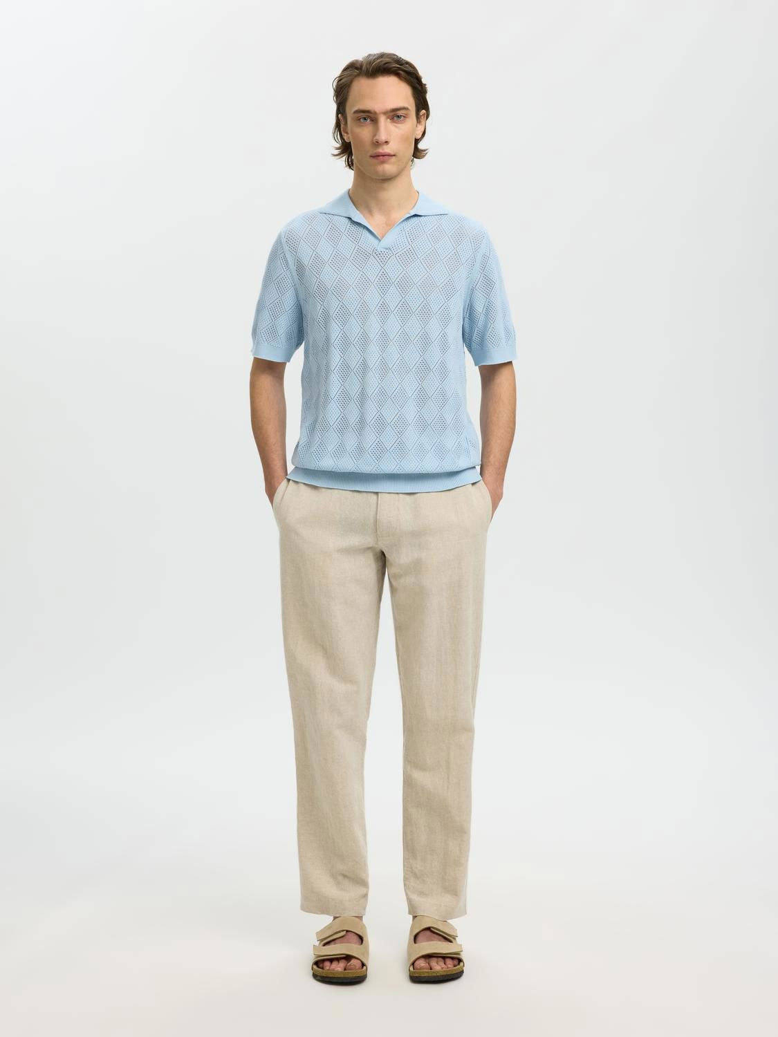 Slharco Ss Knit Structure Open Polo Cashmere Blue
