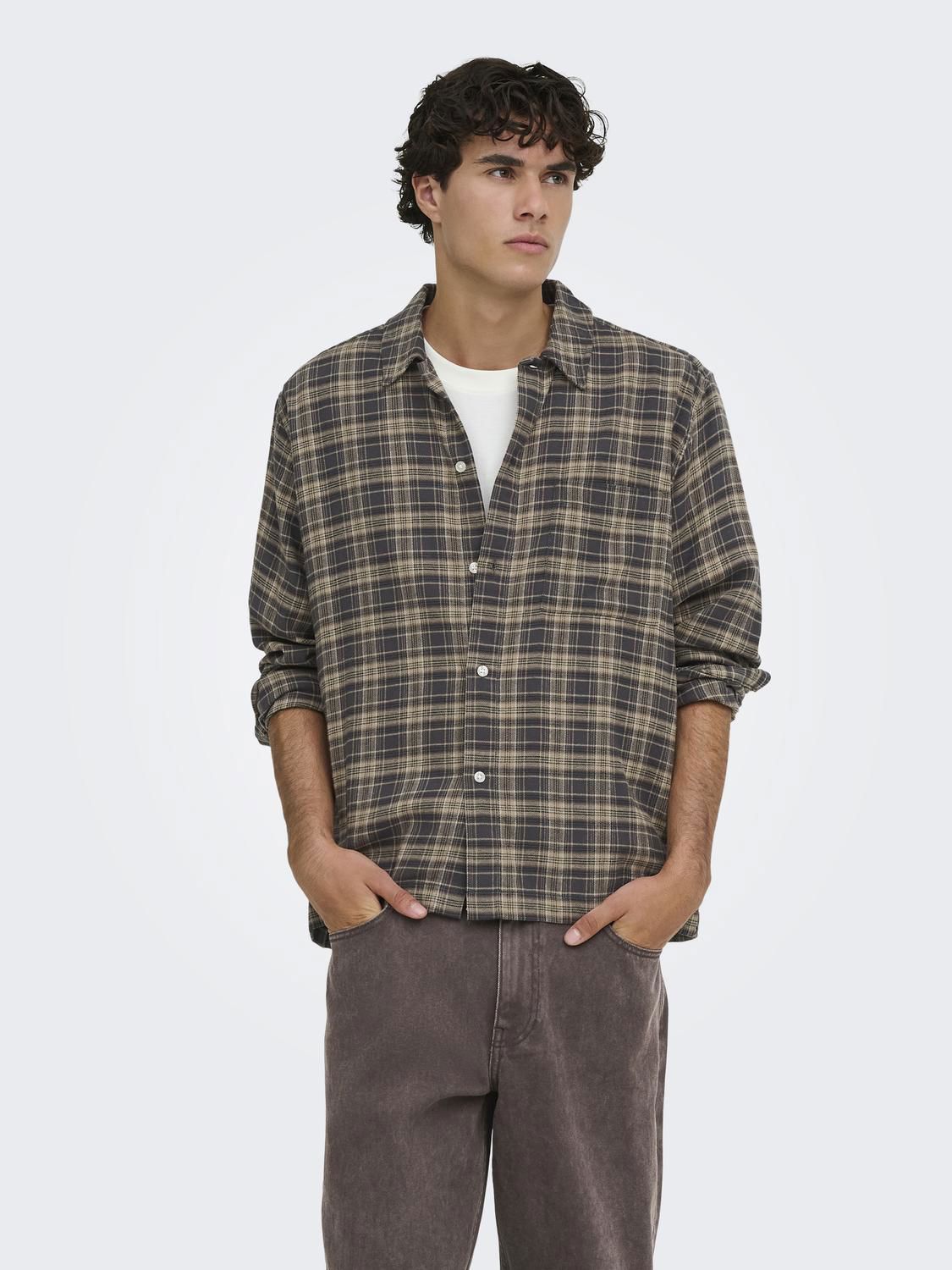 Onshale Flannel Check Shirt Rlx Fit Grey Pinstripe