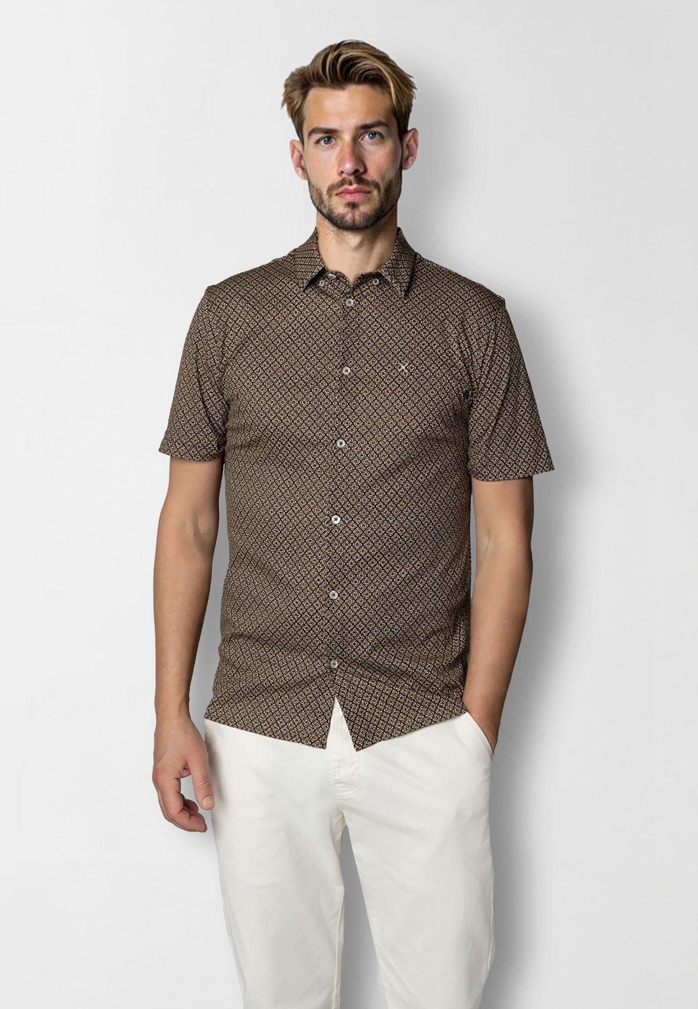 Clean Formal Aop Stretch Shirt S/s Brown
