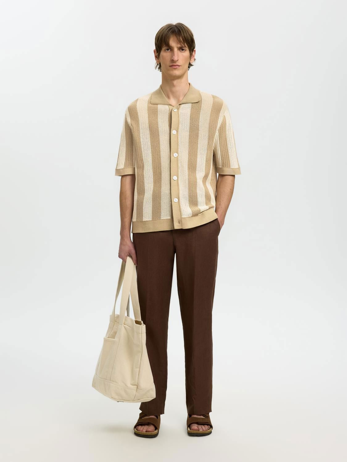 Slhshane Ss Open Struc Polo Cardigan Birch White Pepper