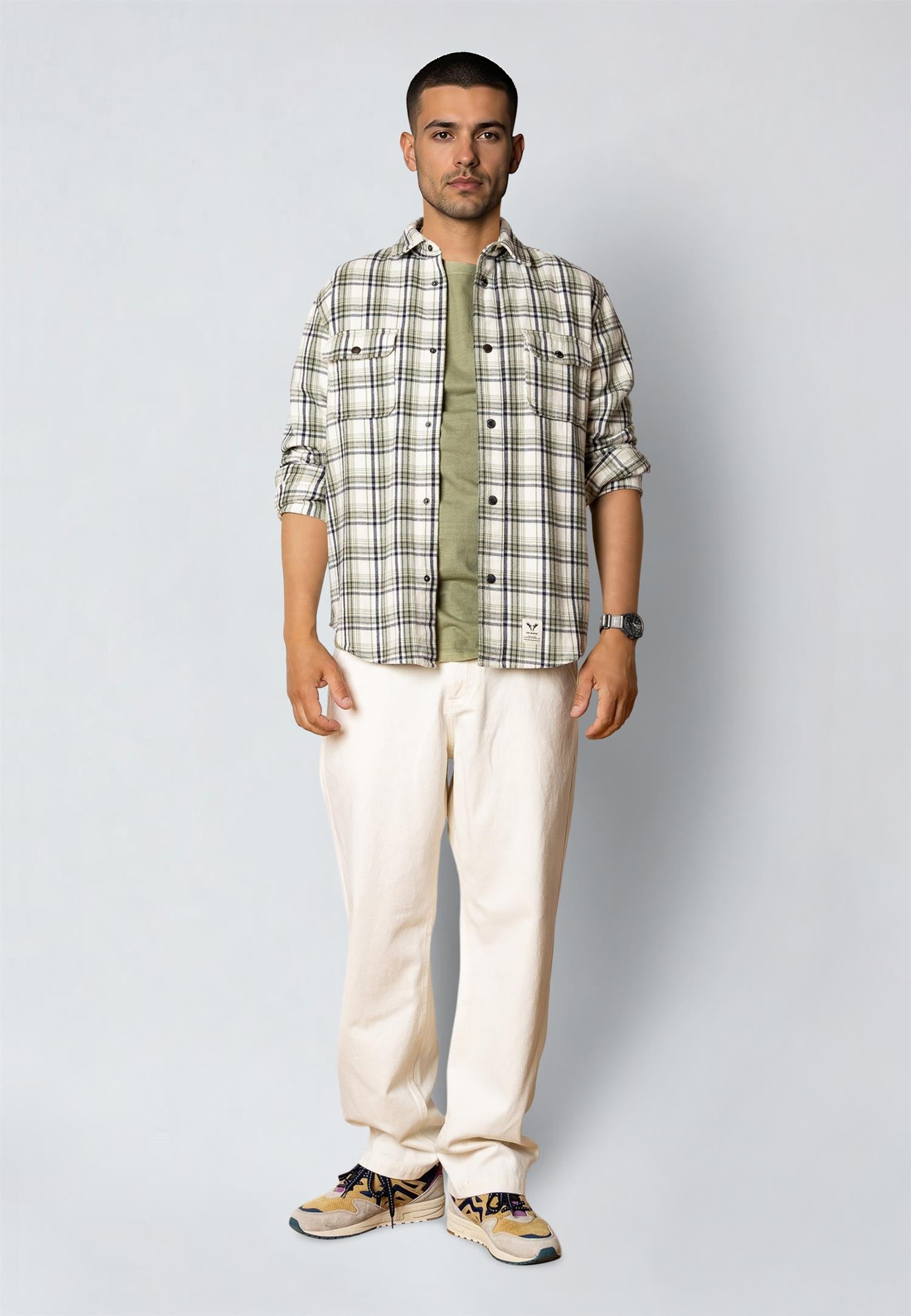 Adrian Cotton Check Shirt Ecru/Dusty Green