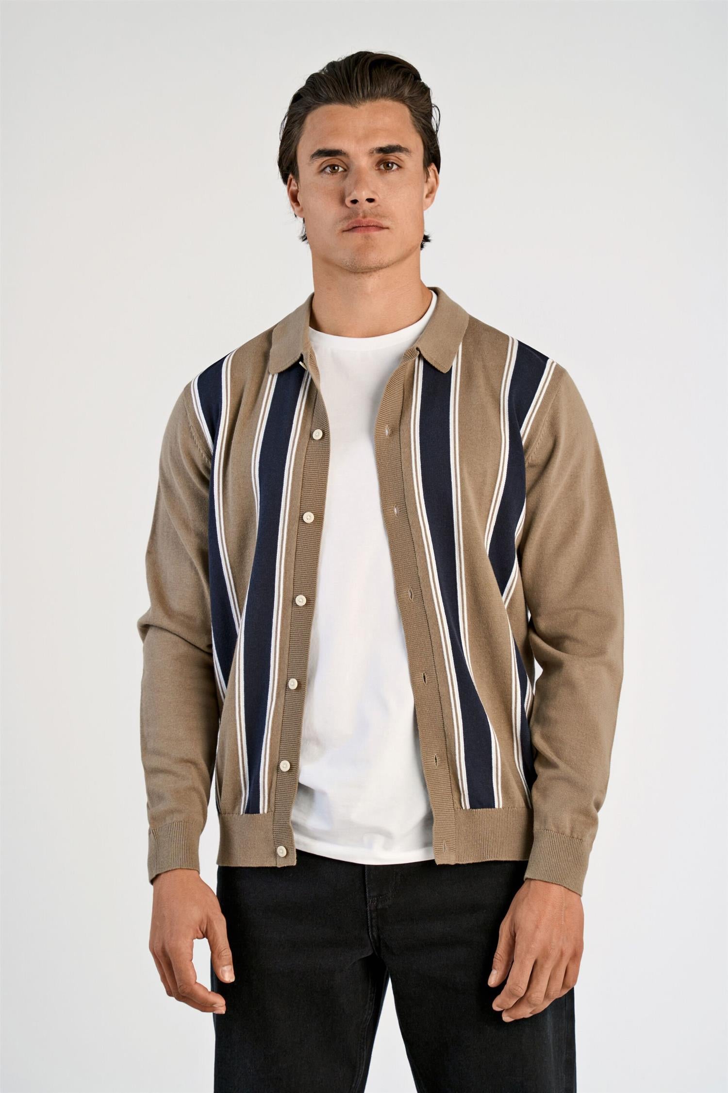 Knitted polo cardigan L/S Dk Stone