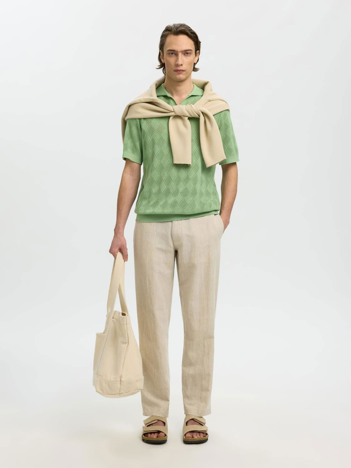 Slharco Ss Knit Structure Open Polo Aspen Green