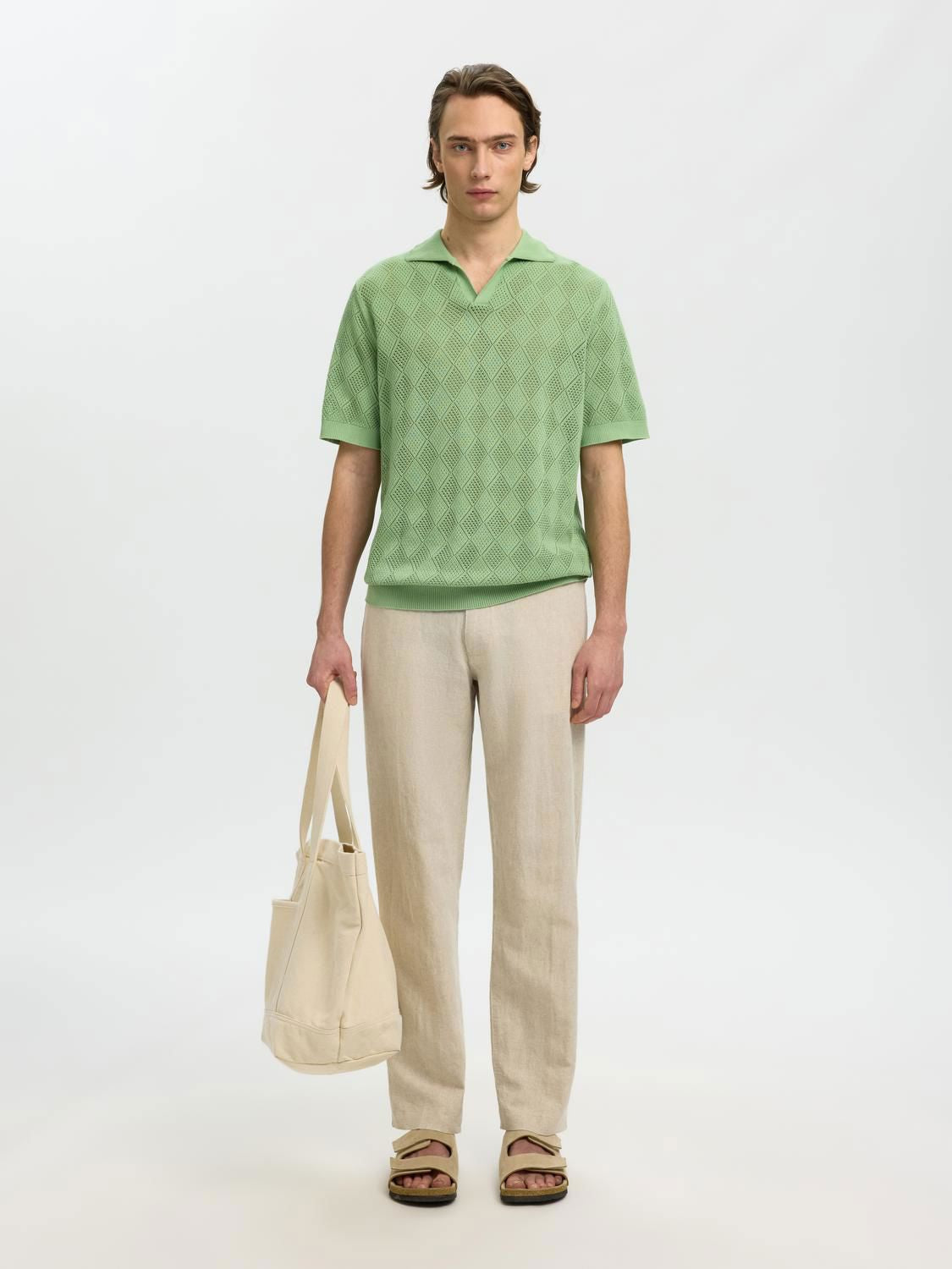 Slharco Ss Knit Structure Open Polo Aspen Green