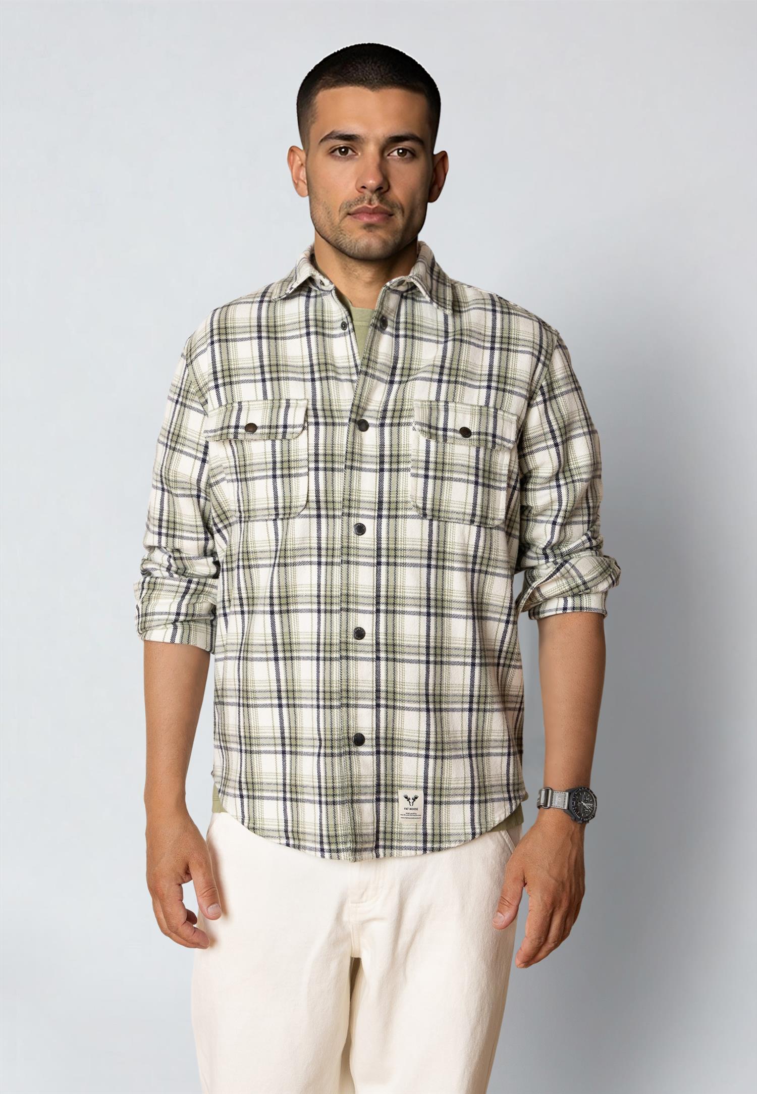 Adrian Cotton Check Shirt Ecru/Dusty Green