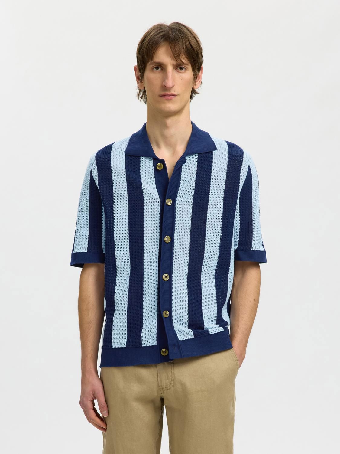 Slhshane Ss Open Struc Polo Cardigan Ocean Cavern Cashmere Blue