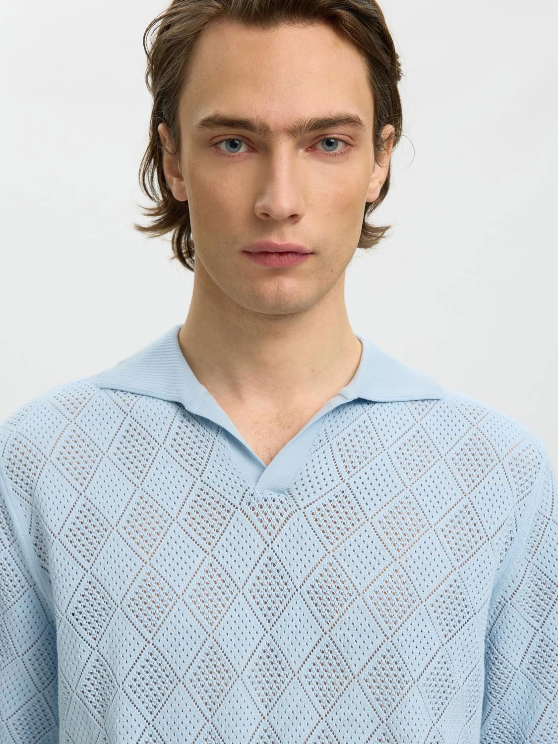 Slharco Ss Knit Structure Open Polo Cashmere Blue