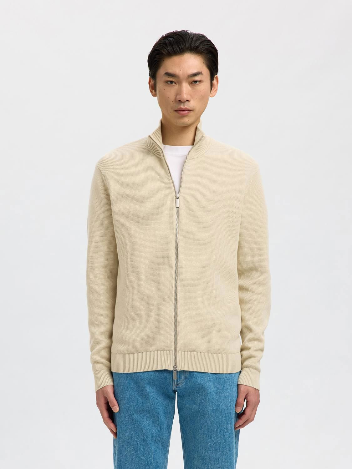 Slmdane Ls Knit Structure Full Zip Noos Oatmeal