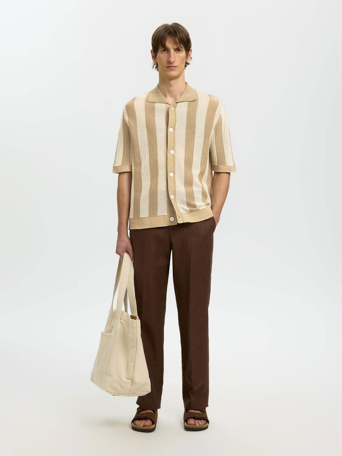 Slhshane Ss Open Struc Polo Cardigan Birch White Pepper