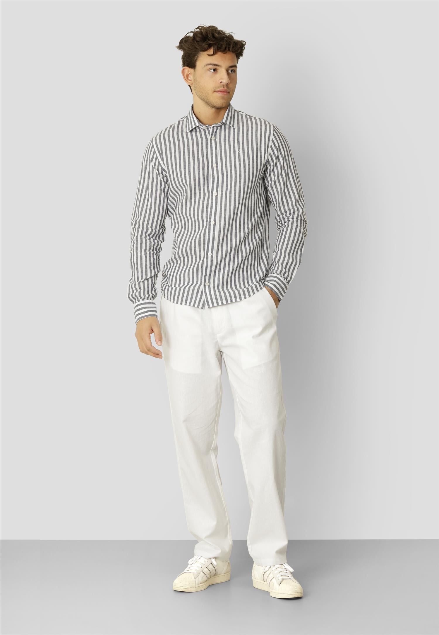 Jamie Cotton Linen Striped LS Navy