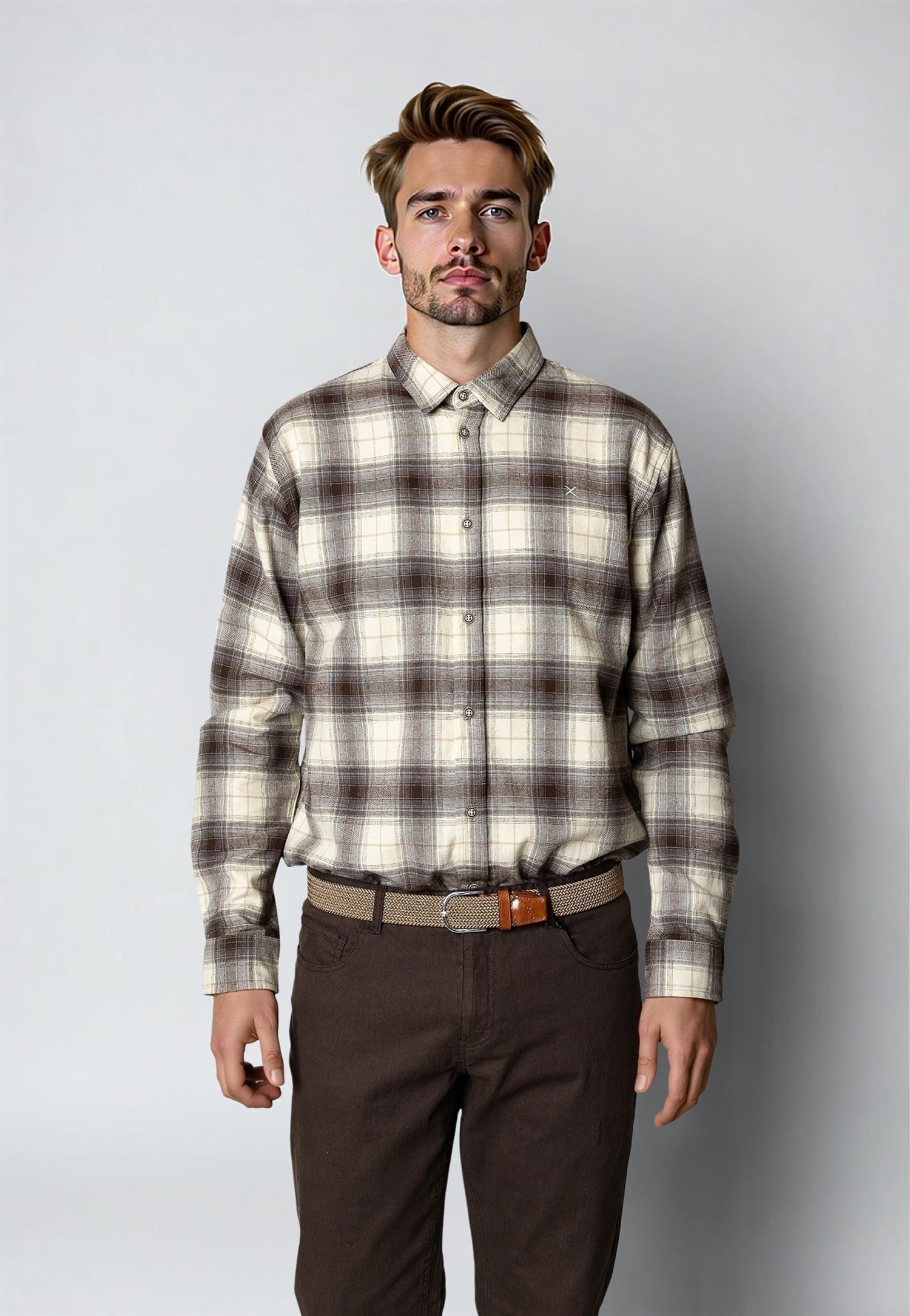 Dylan Checked Flannel Shirt Ecru/Brown 06