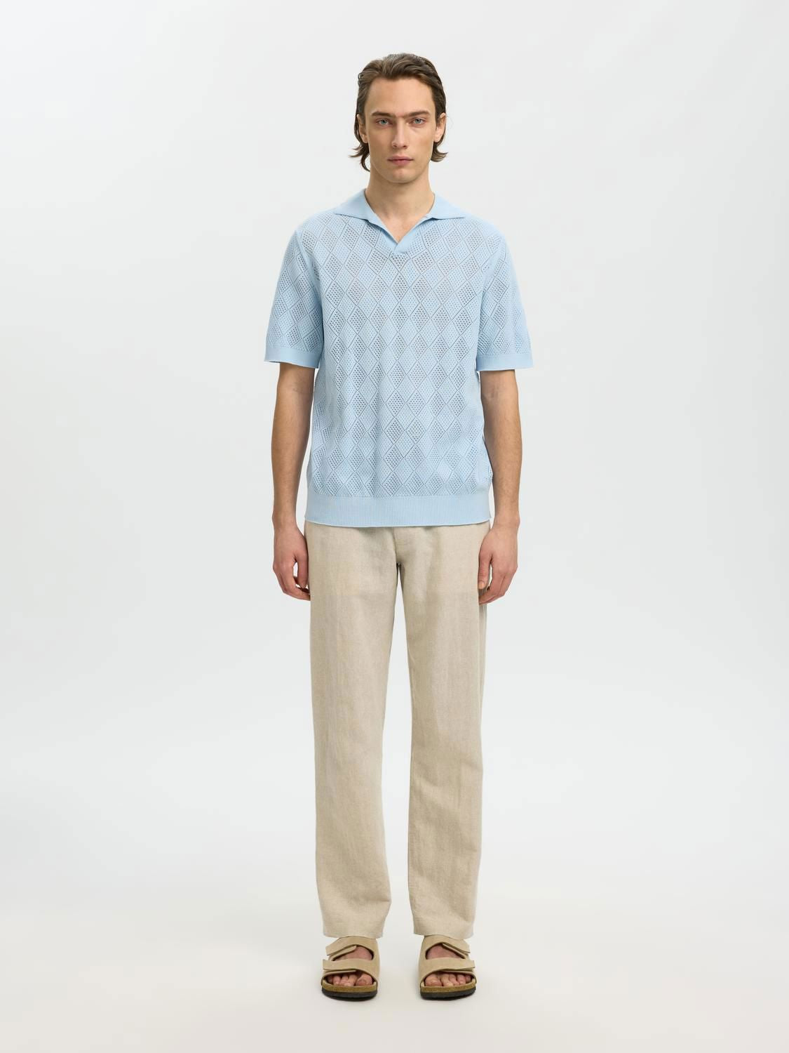 Slharco Ss Knit Structure Open Polo Cashmere Blue