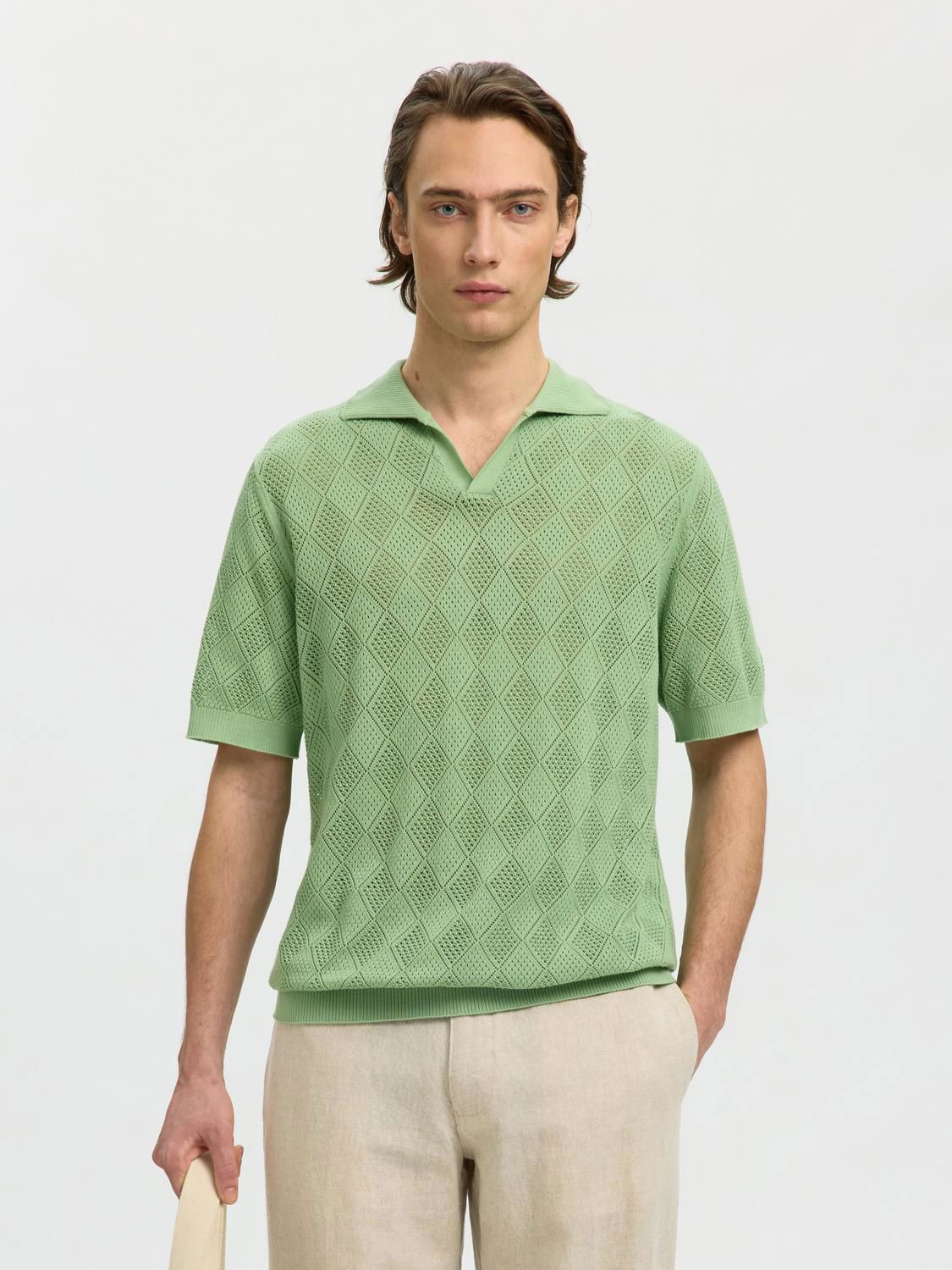 Slharco Ss Knit Structure Open Polo Aspen Green