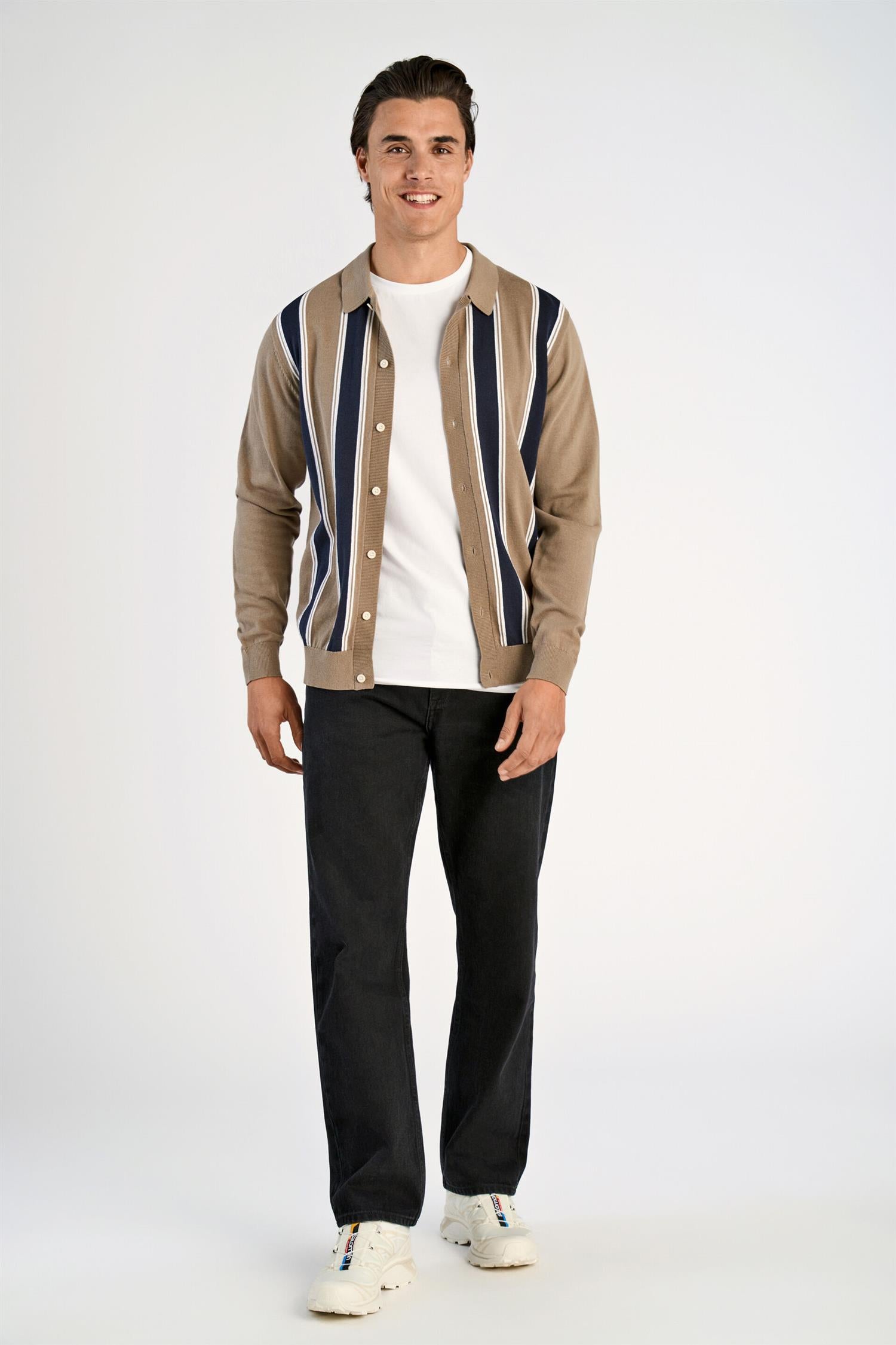 Knitted polo cardigan L/S Dk Stone