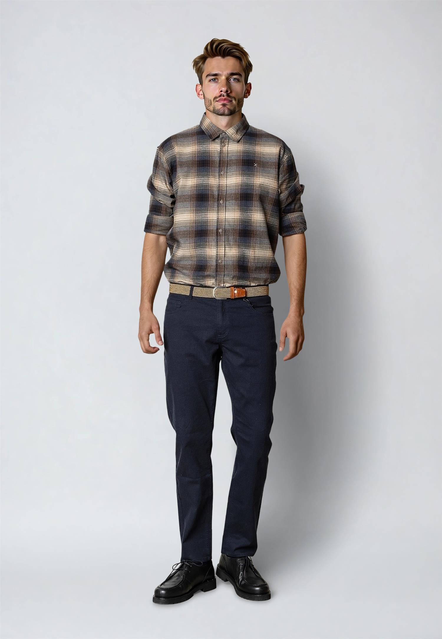 Dylan Checked Flannel Shirt Ecru/Navy 08