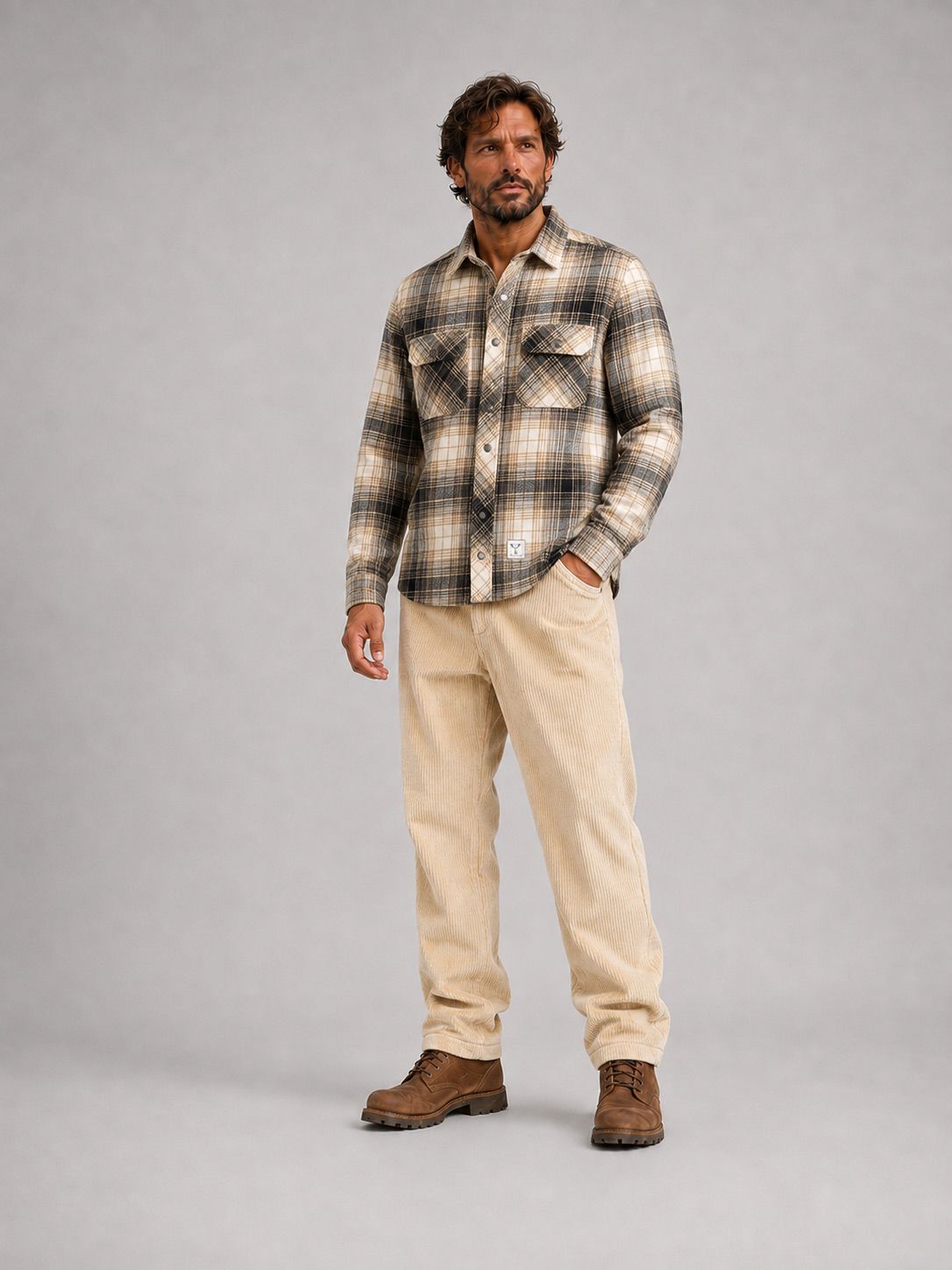 New Adrian Cotton Check Shirt Soft Sand/Black