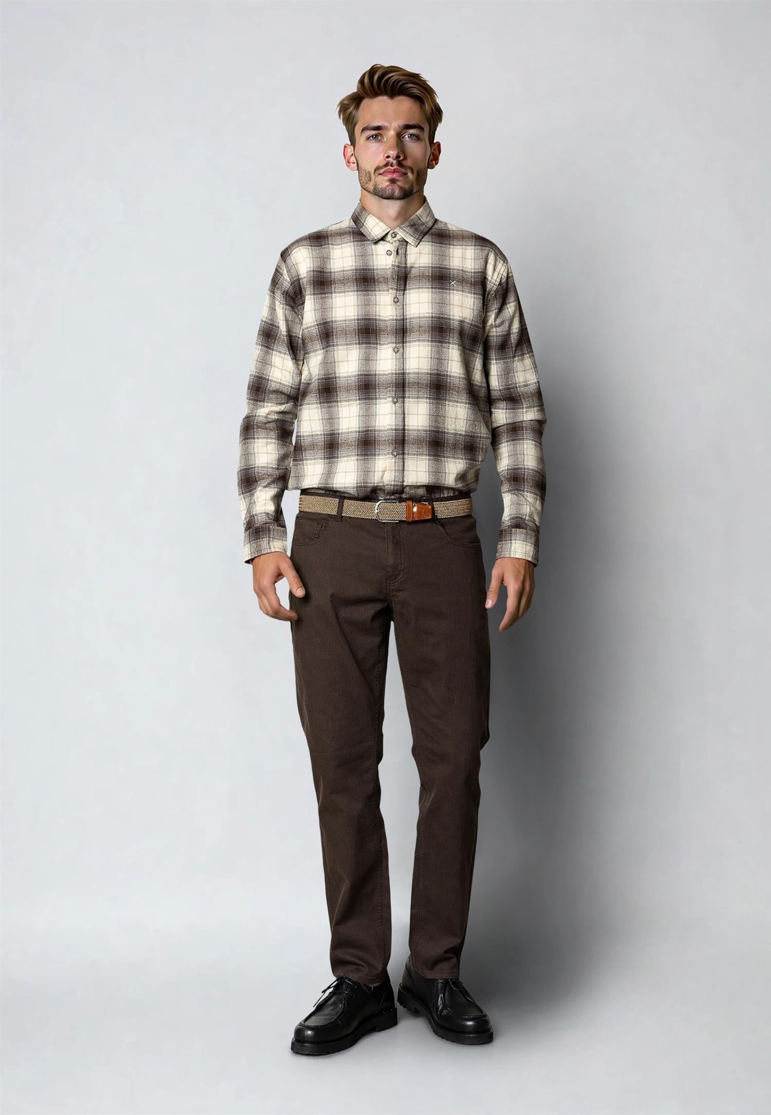 Dylan Checked Flannel Shirt Ecru/Brown 06