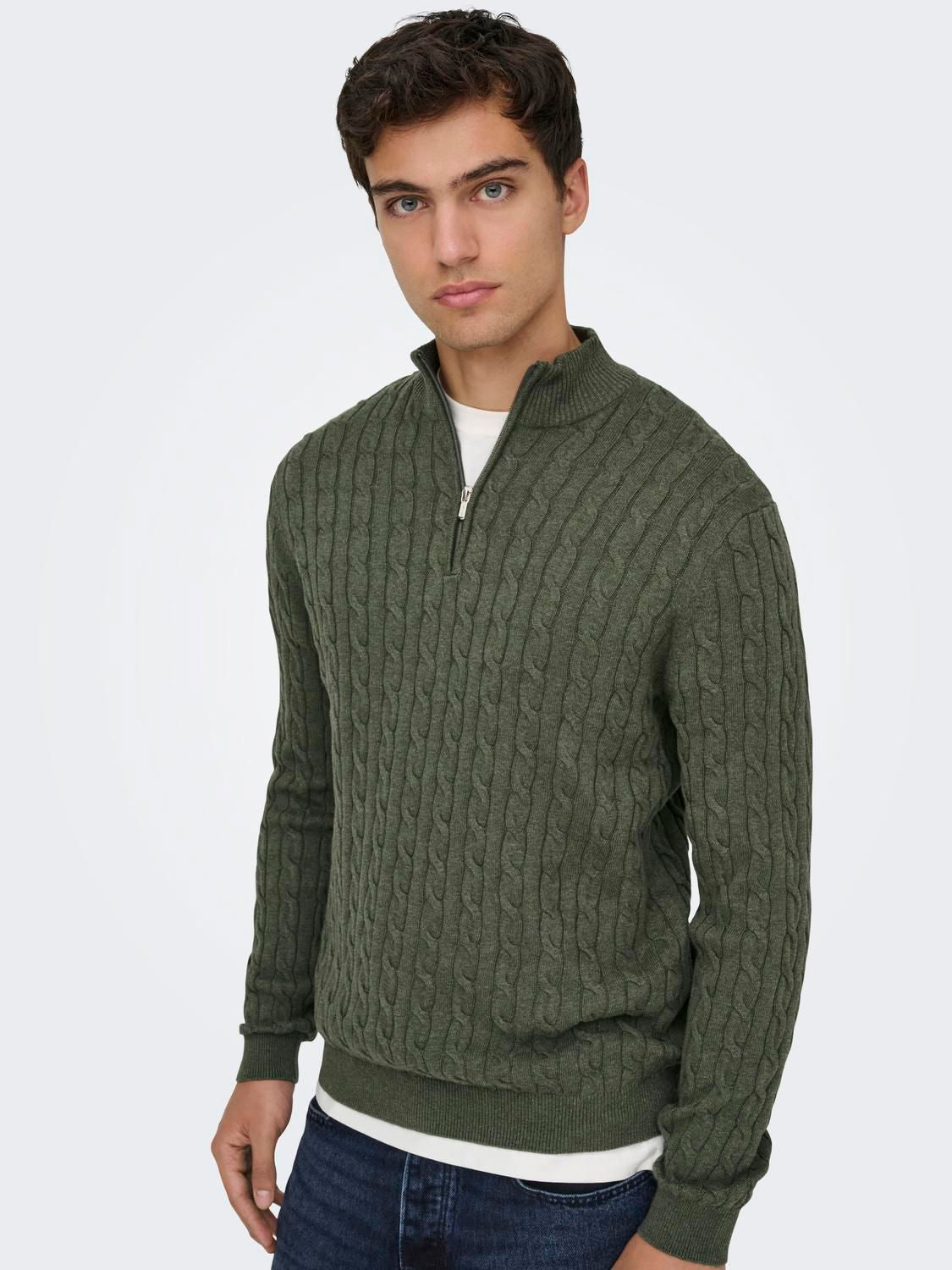 Onsloui Reg 12 Cabel Half Zip Knit Noos Castor Gray Melange