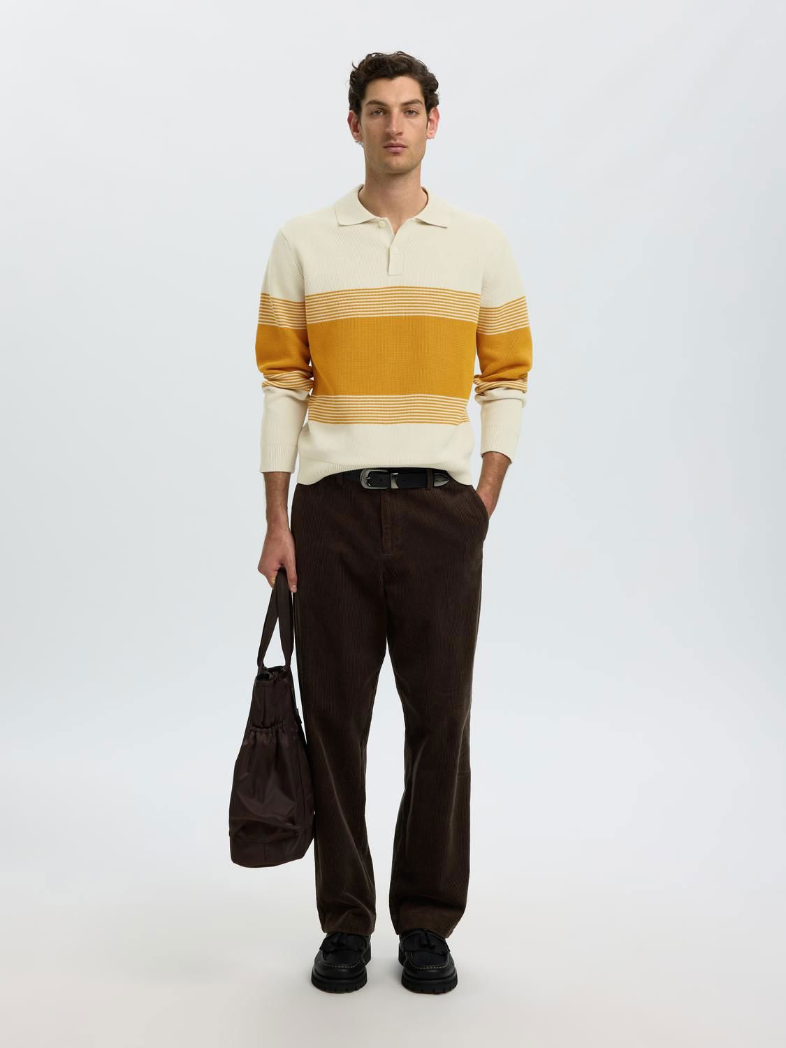 Slmdane Ls Knit Stripe Polo Silver Birch Chai Tea