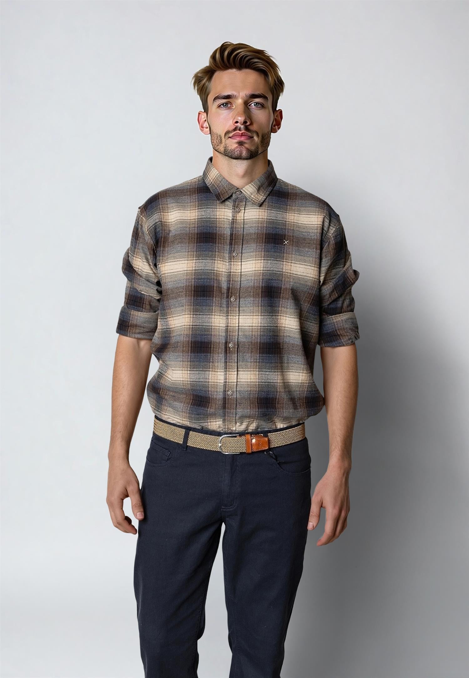 Dylan Checked Flannel Shirt Ecru/Navy 08