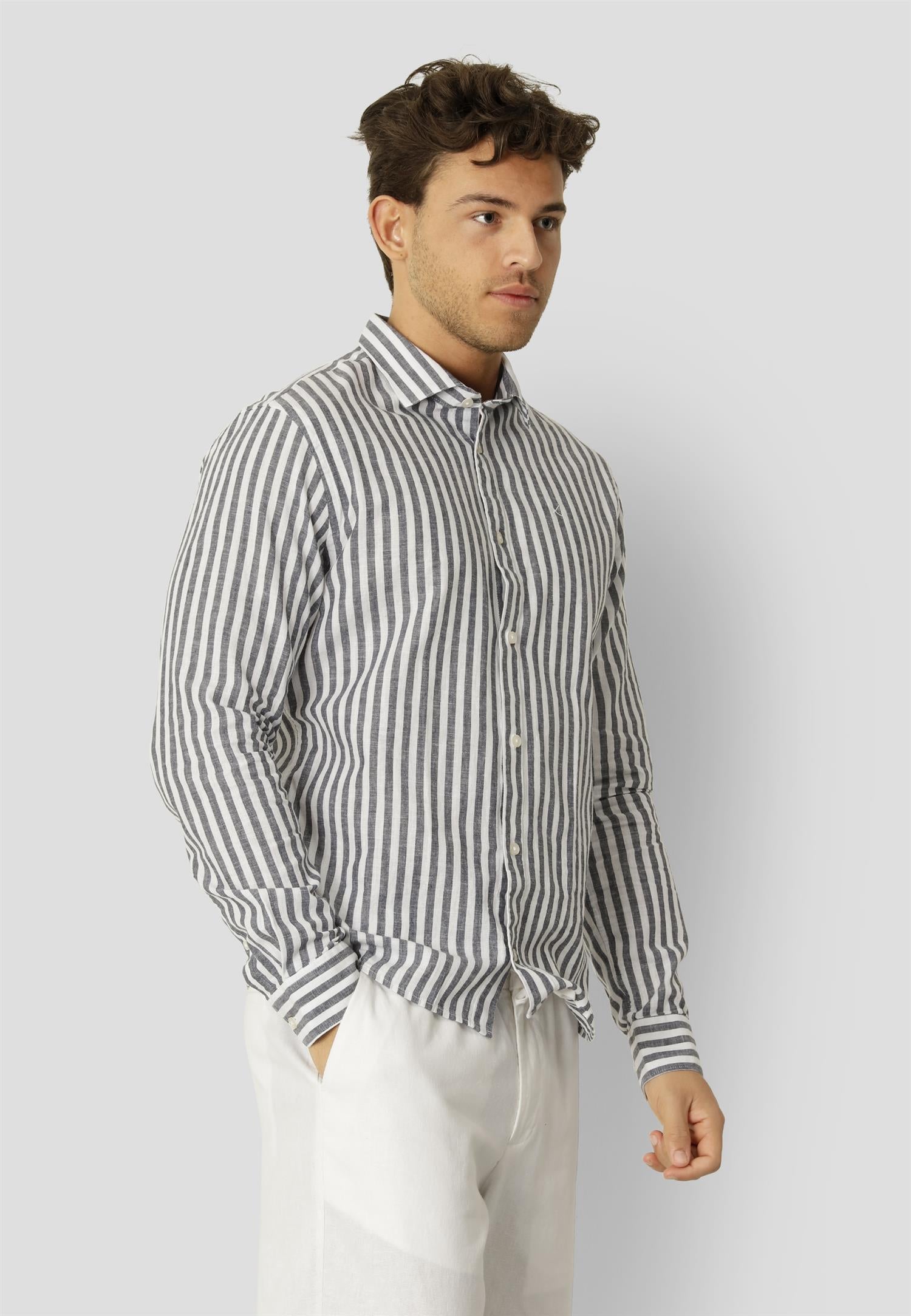Jamie Cotton Linen Striped LS Navy