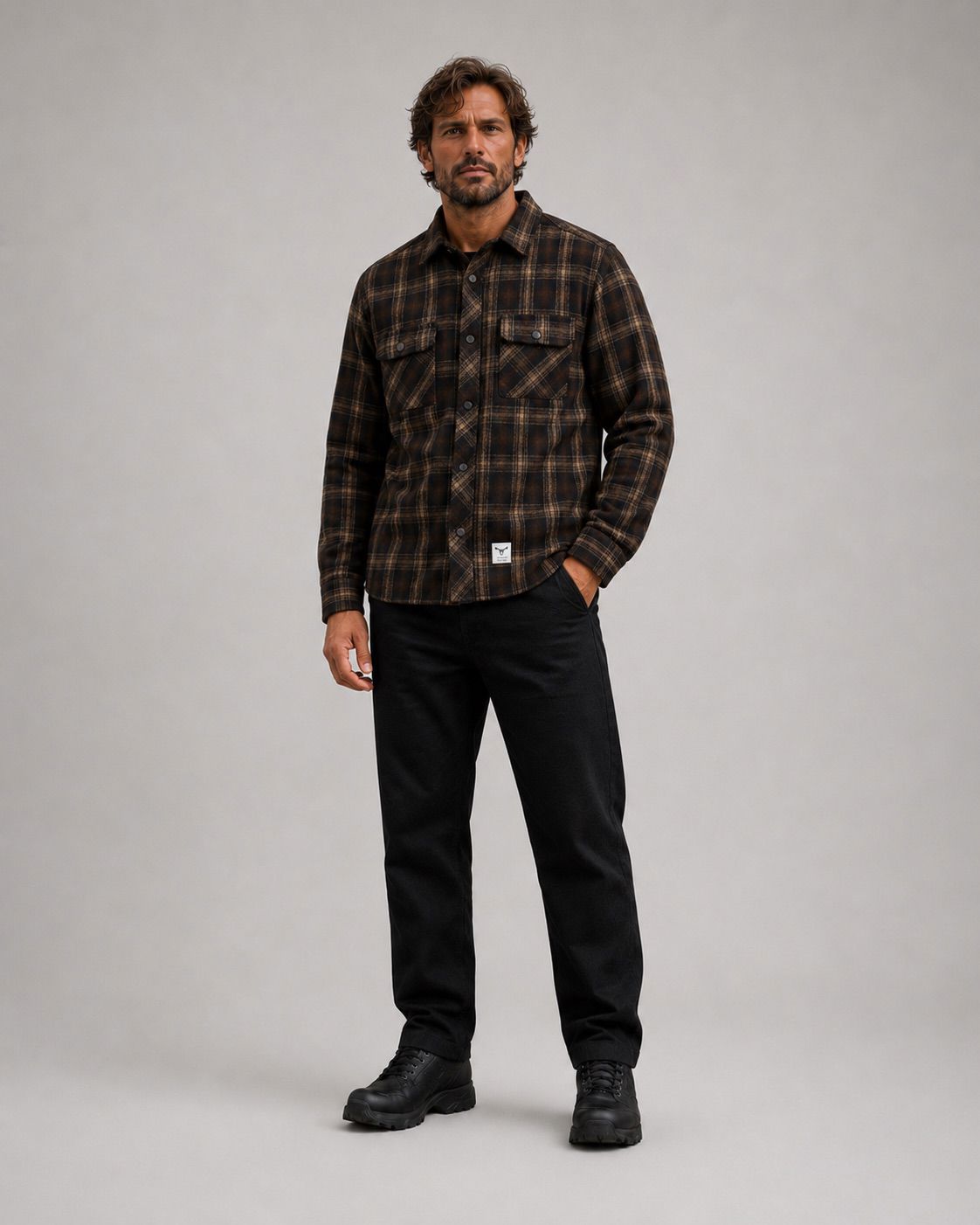 New Adrian Cotton Check Shirt Black/Ecru
