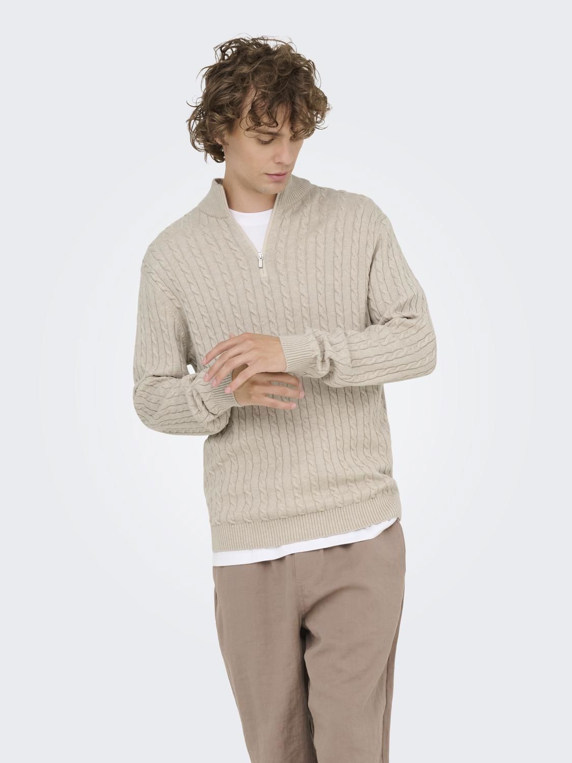 Onsloui Reg 12 Cabel Half Zip Knit Noos Oatmeal Melange