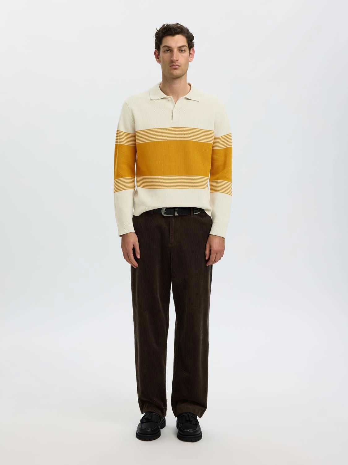 Slmdane Ls Knit Stripe Polo Silver Birch Chai Tea