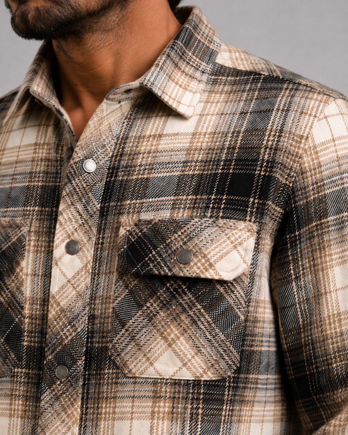 New Adrian Cotton Check Shirt Soft Sand/Black