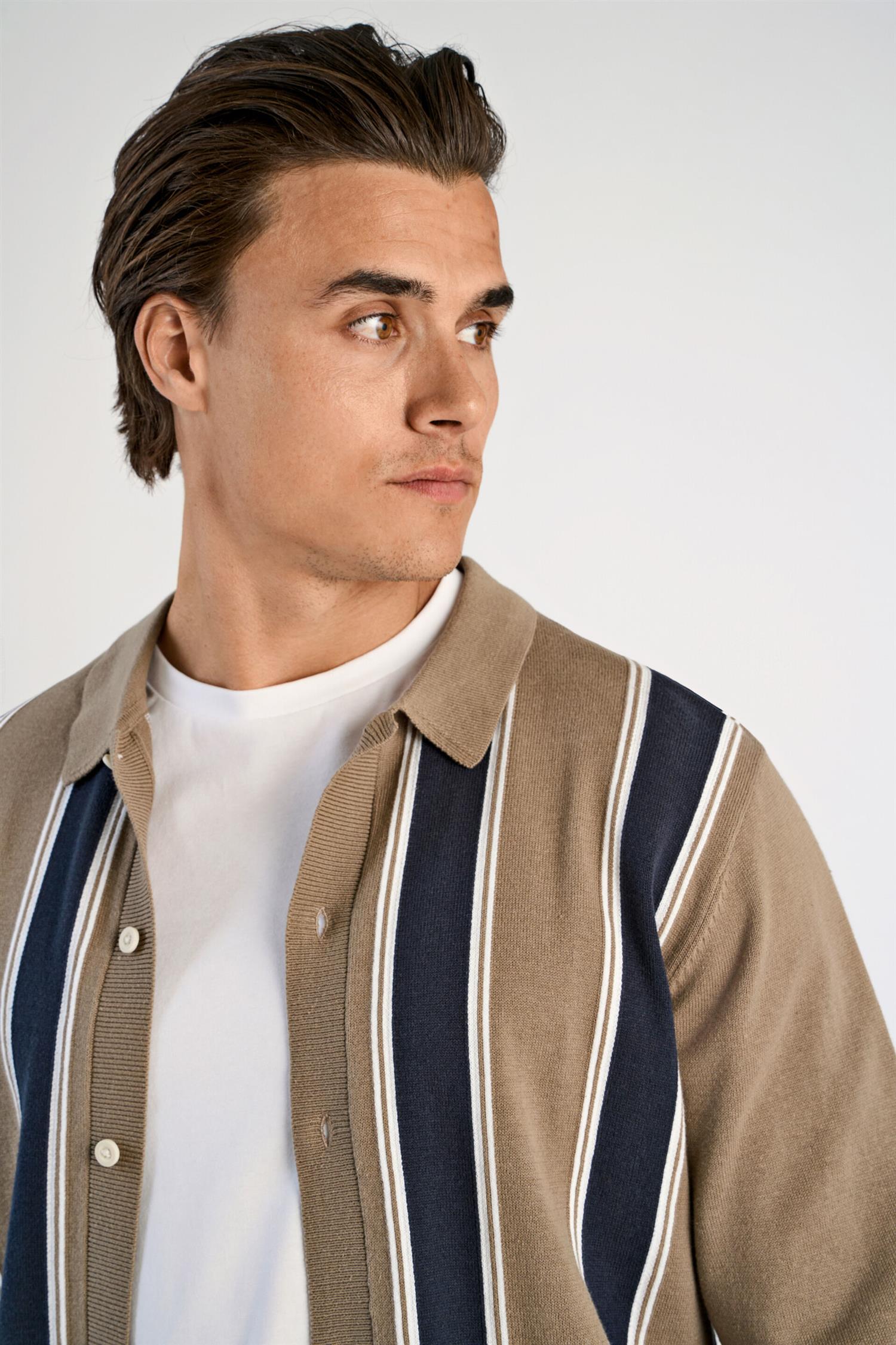 Knitted polo cardigan L/S Dk Stone