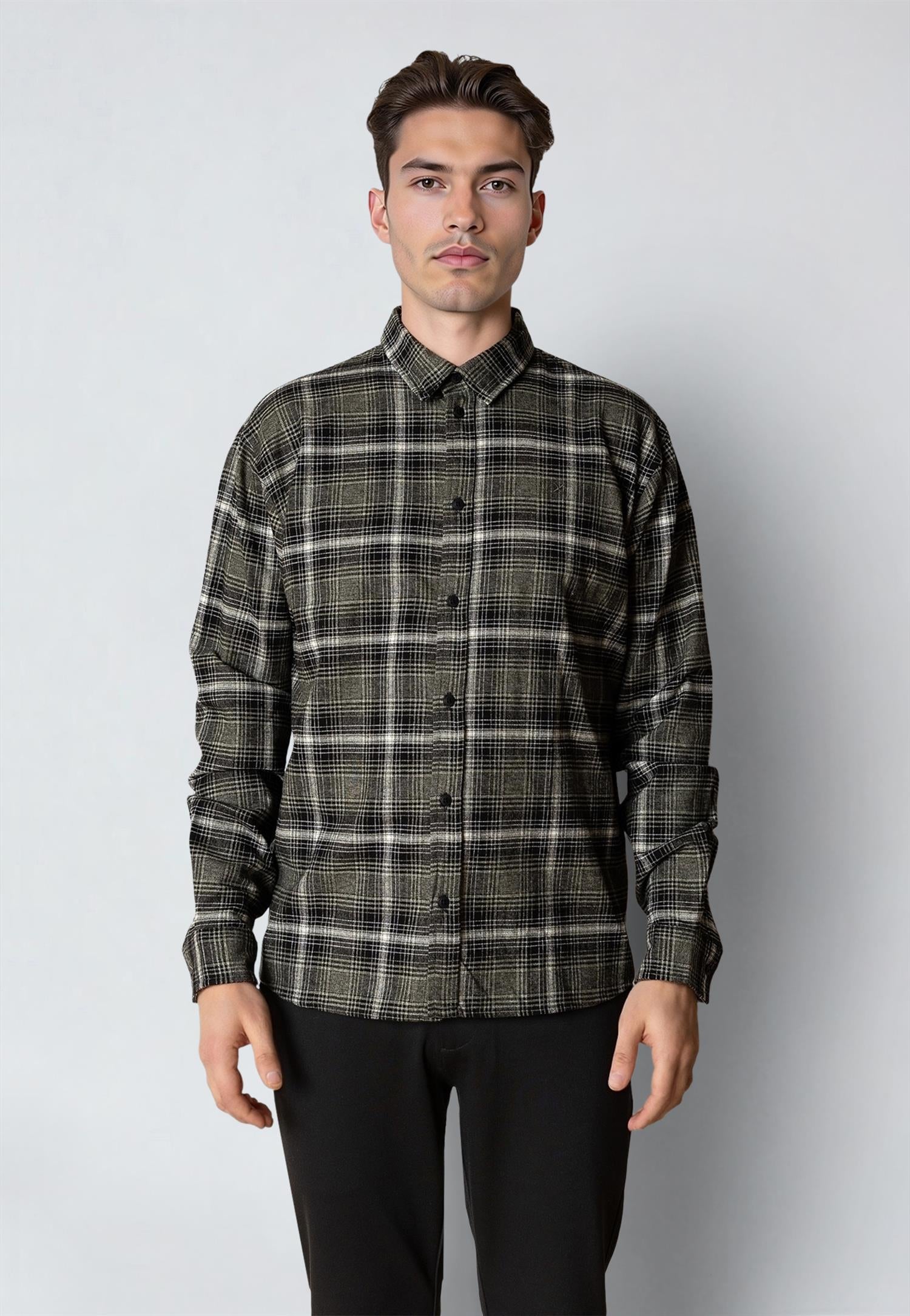Dylan Checked Flannel Shirt Army/Black 01