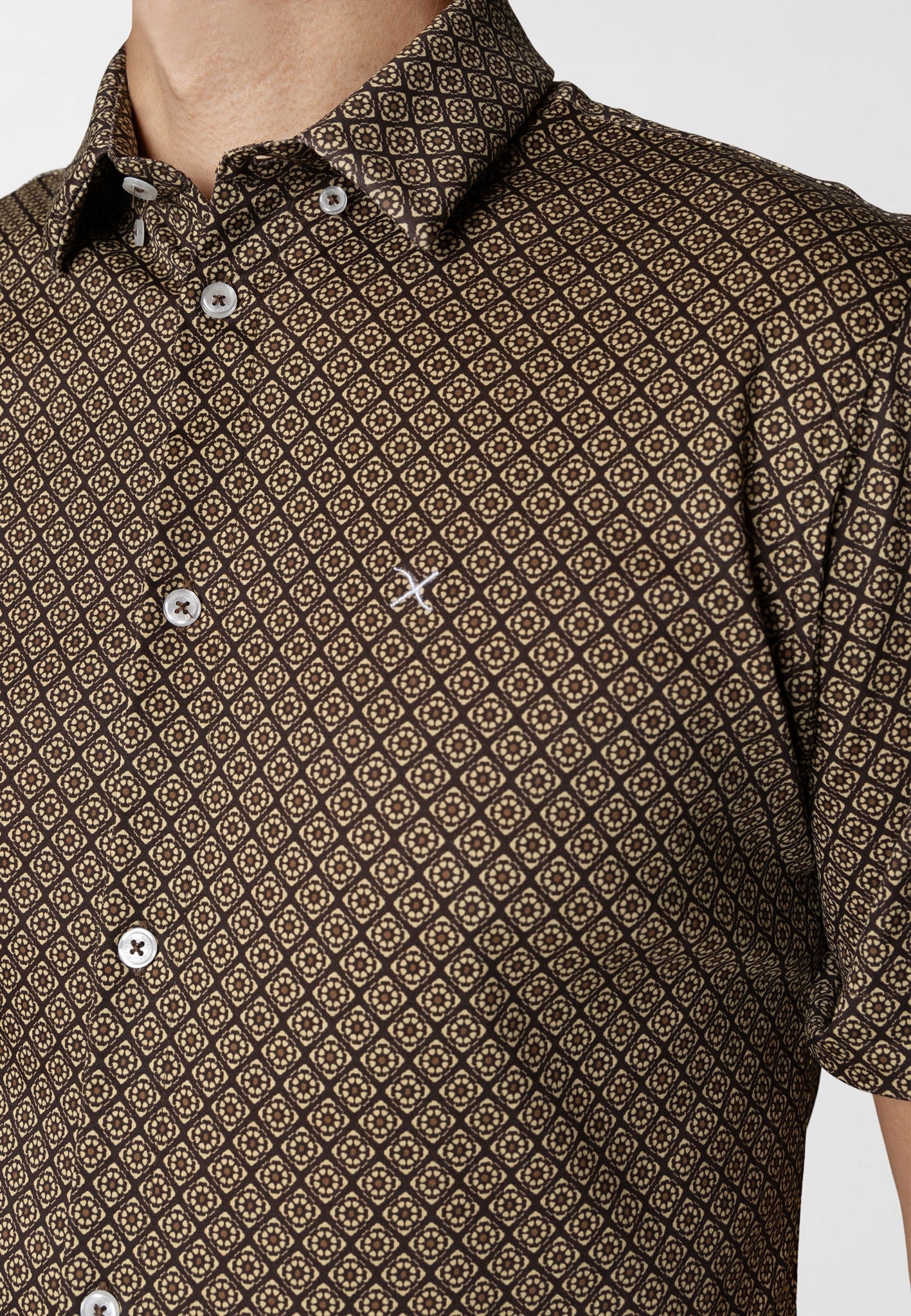 Clean Formal Aop Stretch Shirt S/s Brown