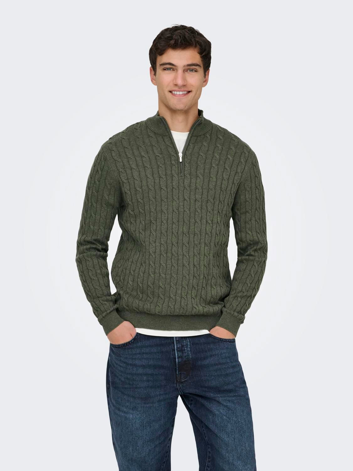 Onsloui Reg 12 Cabel Half Zip Knit Noos Castor Gray Melange