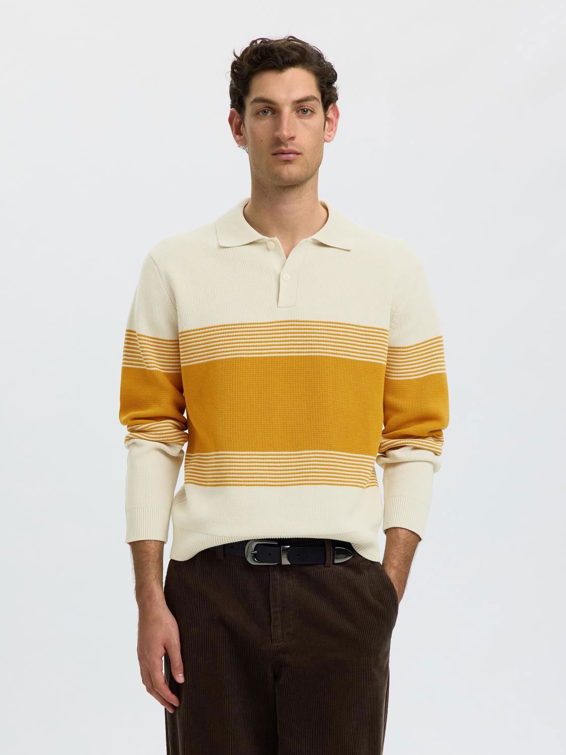 Slmdane Ls Knit Stripe Polo Silver Birch Chai Tea