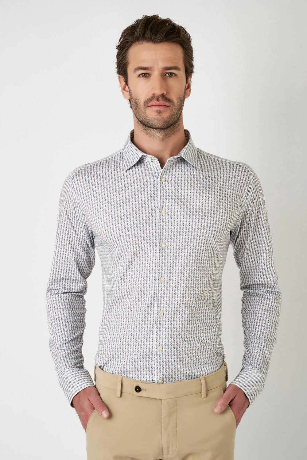 Casual Kent 1/1 Shirt Greige Houndstooth