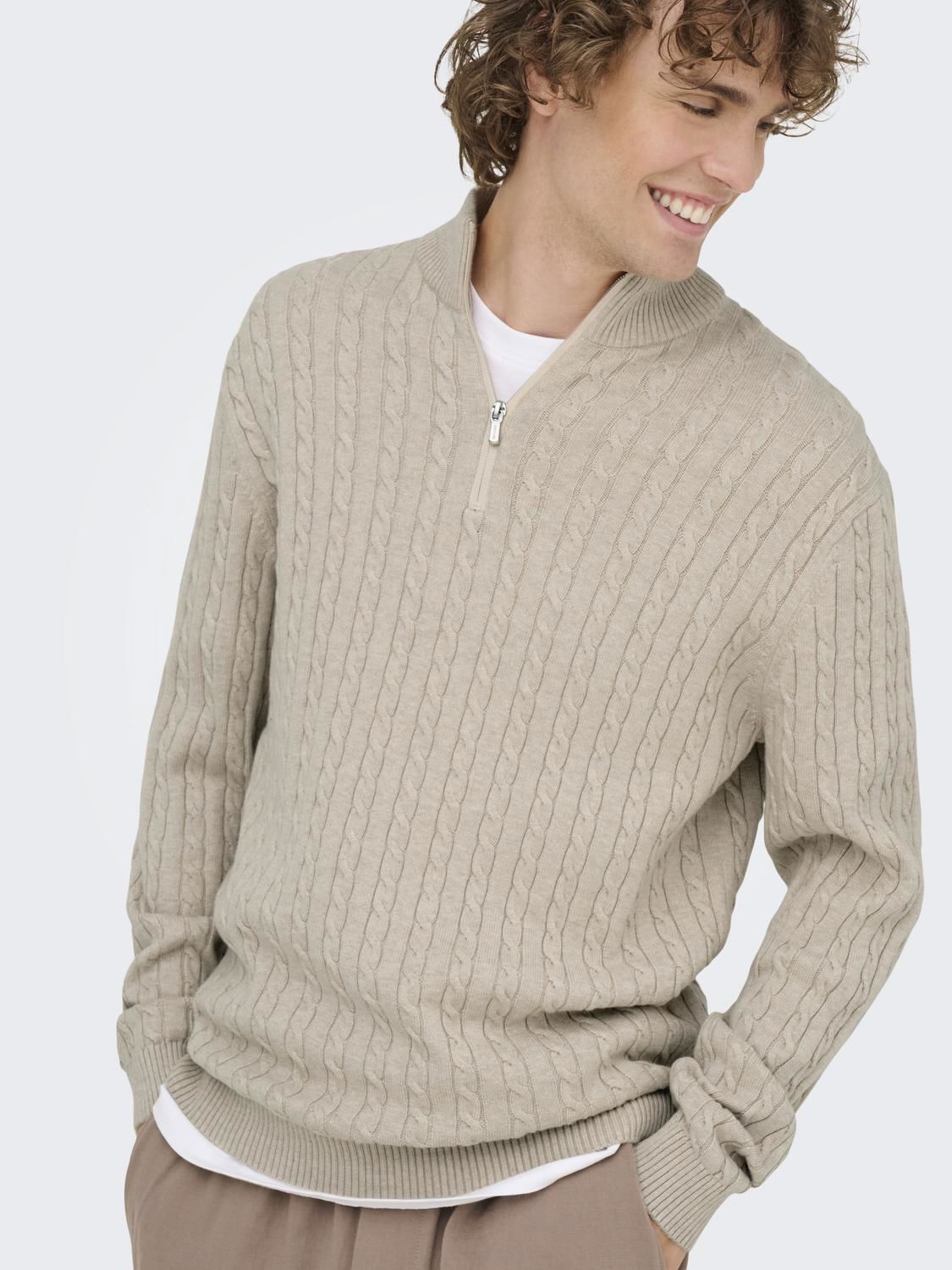 Onsloui Reg 12 Cabel Half Zip Knit Noos Oatmeal Melange