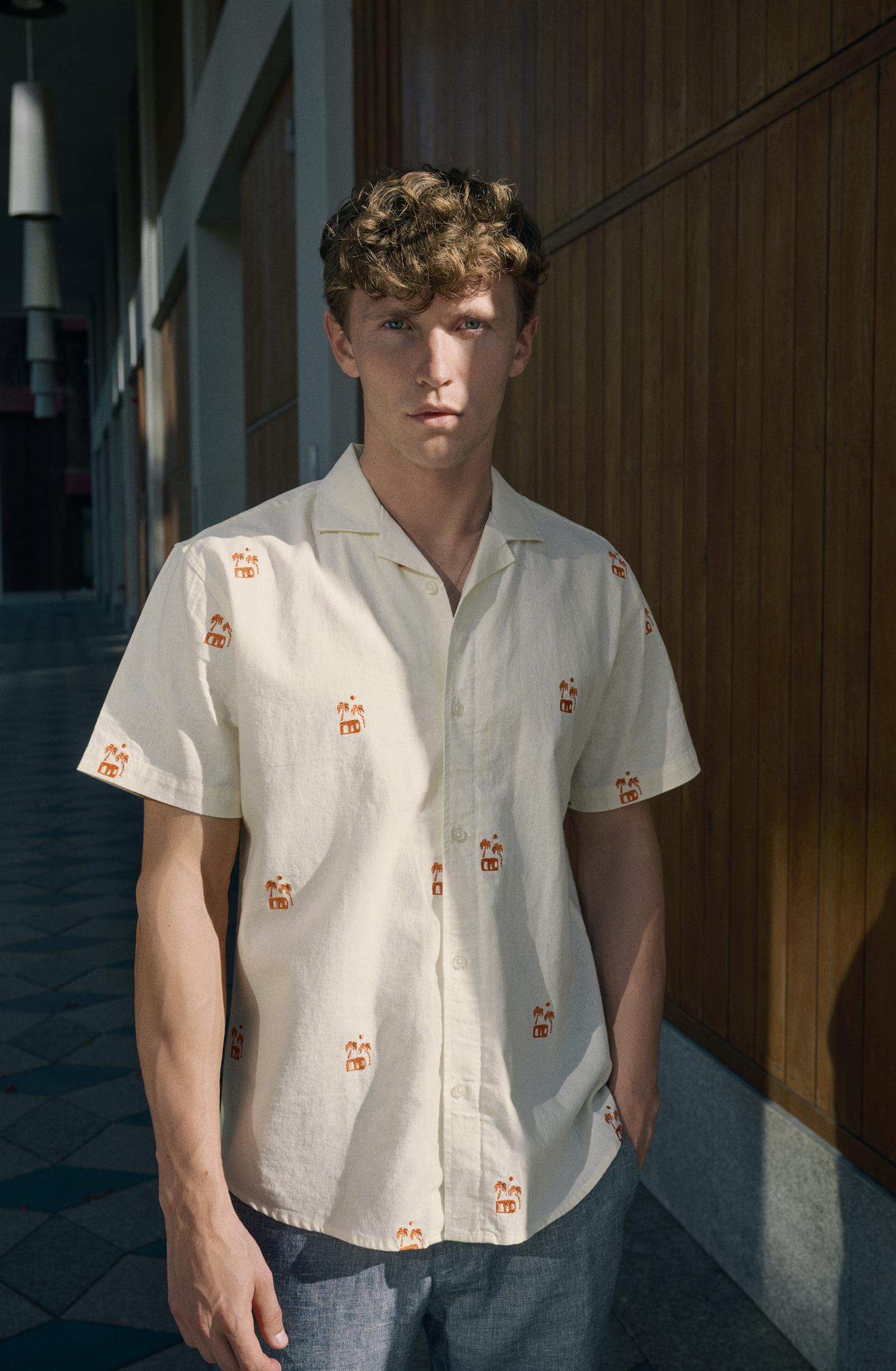 Bowling Felix cotton Linen shirt ss Off White/Orange