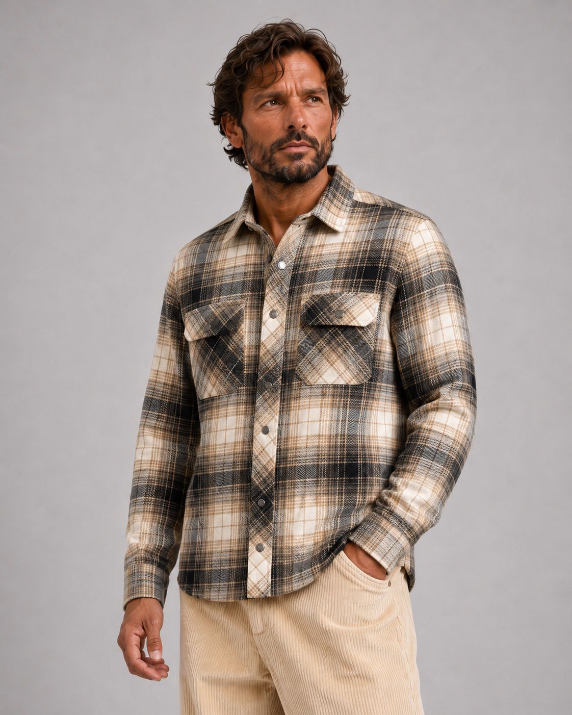 New Adrian Cotton Check Shirt Soft Sand/Black