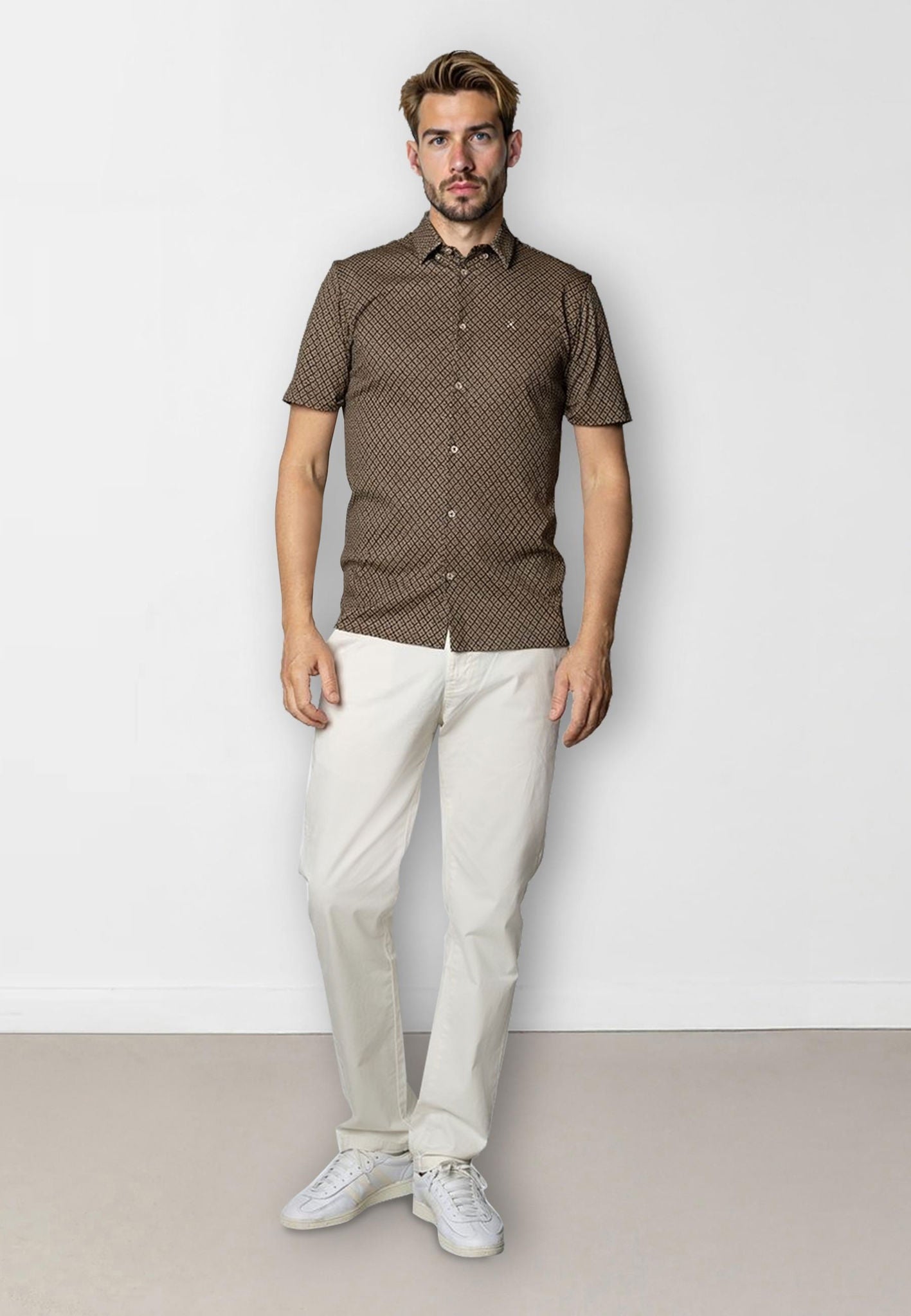 Clean Formal Aop Stretch Shirt S/s Brown