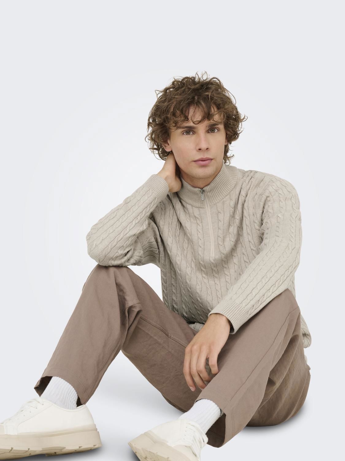 Onsloui Reg 12 Cabel Half Zip Knit Noos Oatmeal Melange