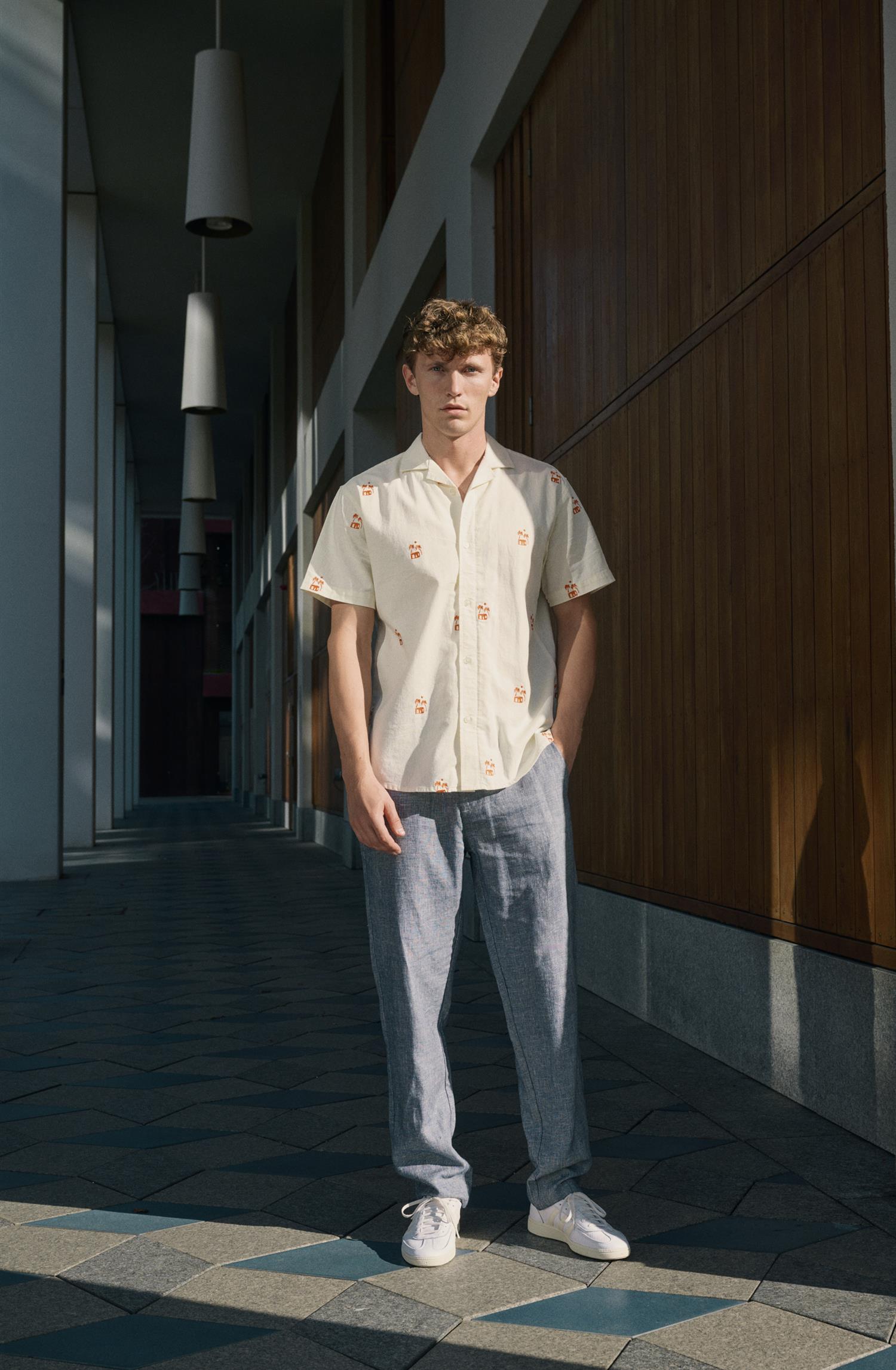 Bowling Felix cotton Linen shirt ss Off White/Orange